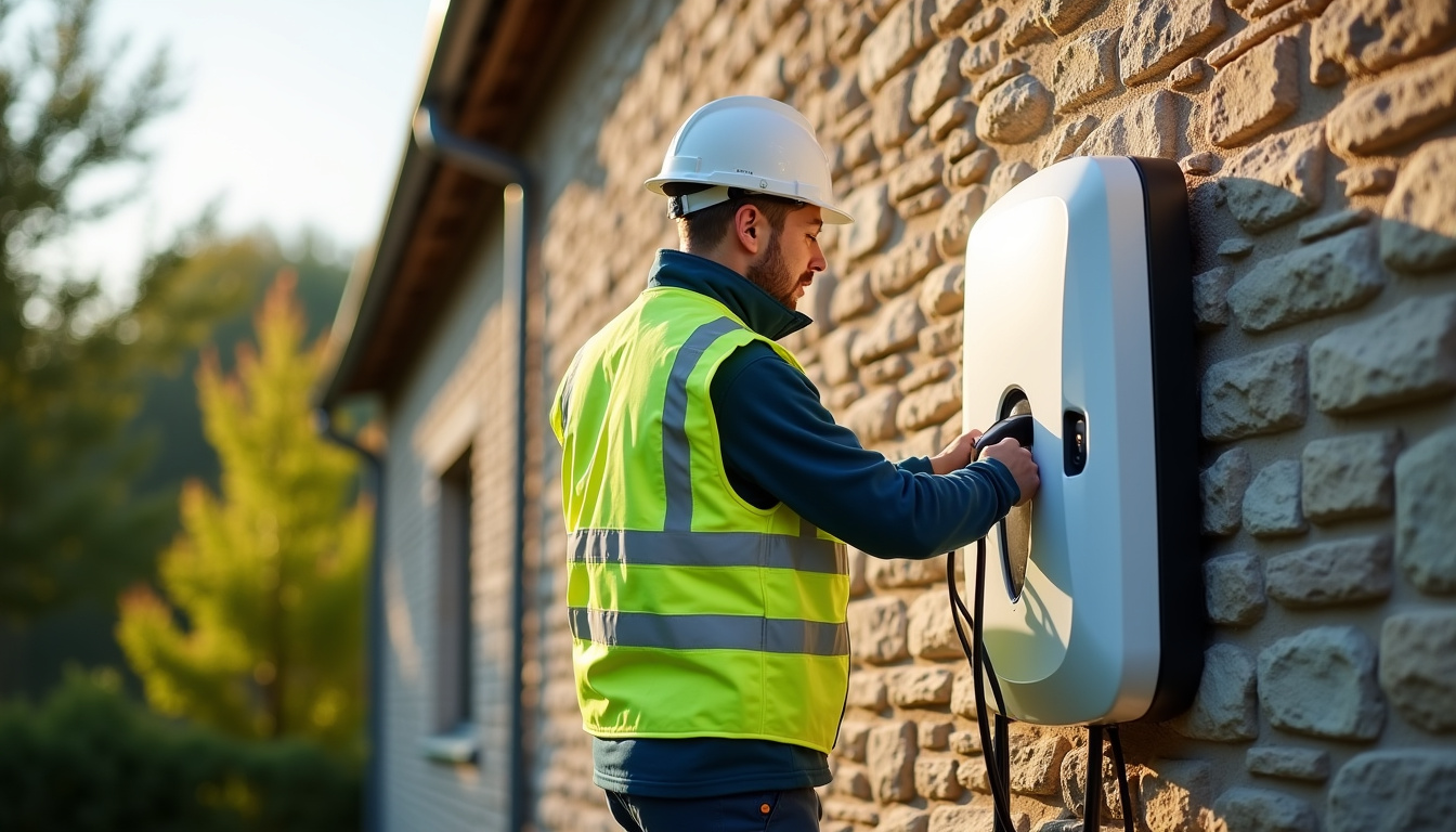 Technicien en train d’installer une borne de recharge sur un mur extérieur à Saint-Martin-des-Champs