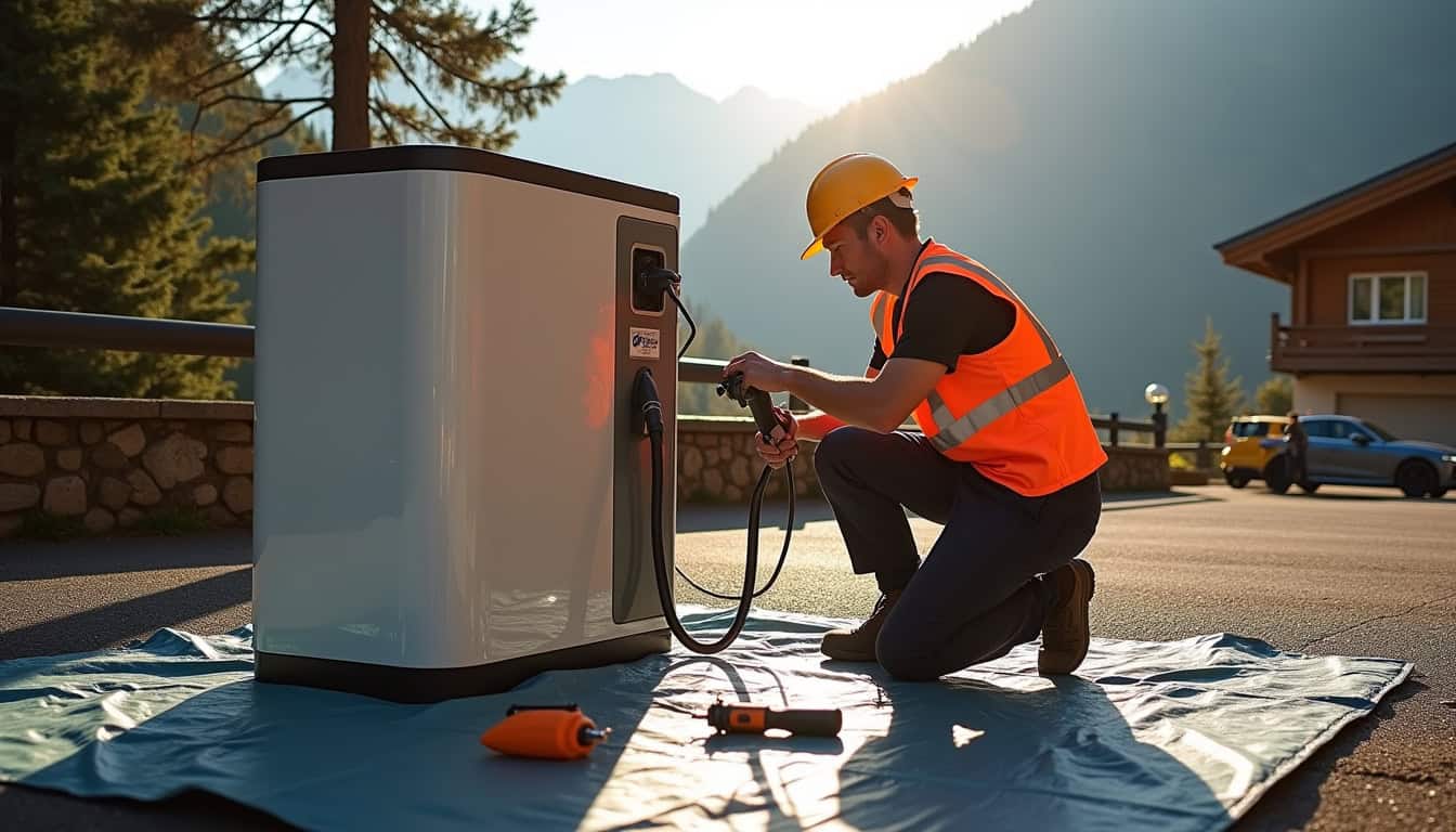 Technicien en train d’installer une borne de recharge sur un parking privé