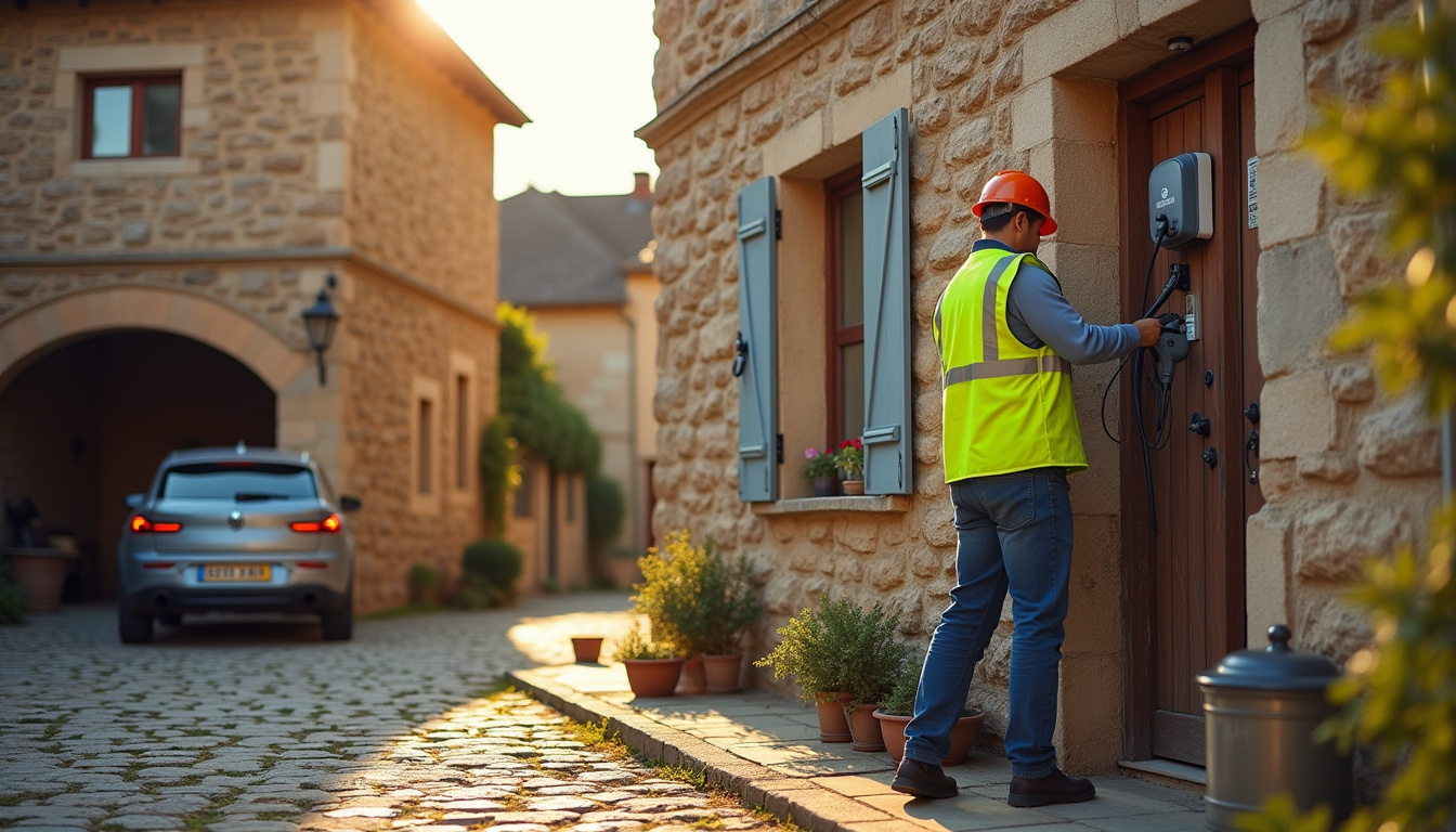 Technicien en train d'installer une borne de recharge sur une façade extérieure