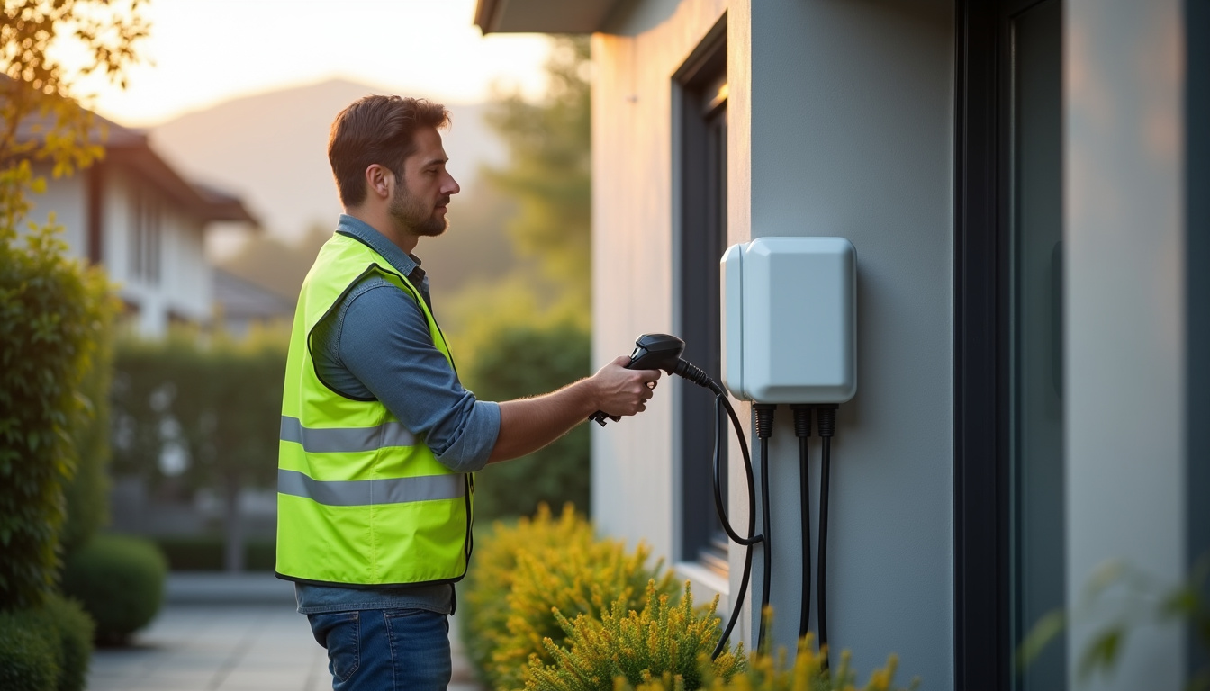 Technicien en train d'installer une borne de recharge wallbox sur un mur extérieur d'une maison à Thaon