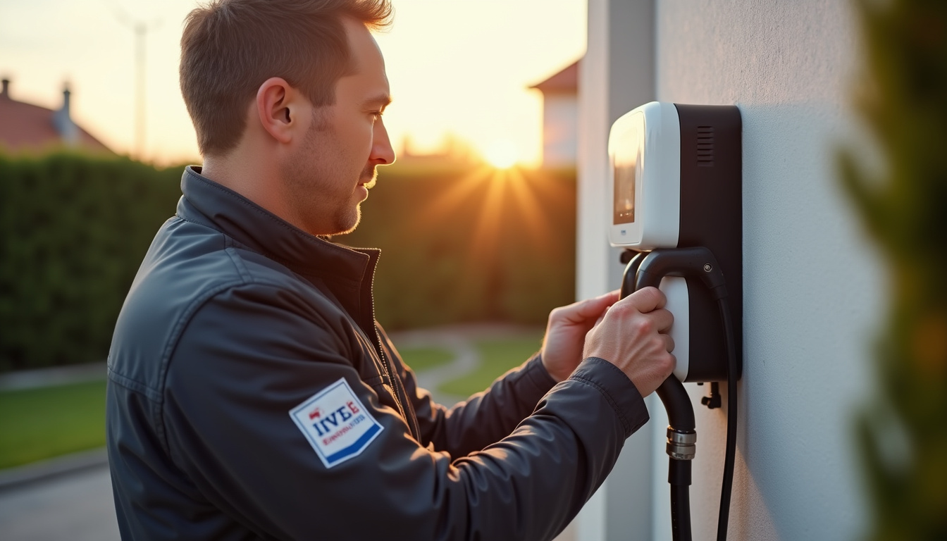 Technicien en train d'installer une borne électrique à Lérouville avec certification IRVE visible