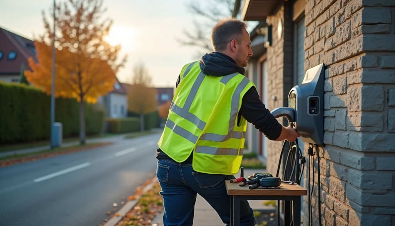Technicien en train d'installer une borne électrique à Niederhausbergen
