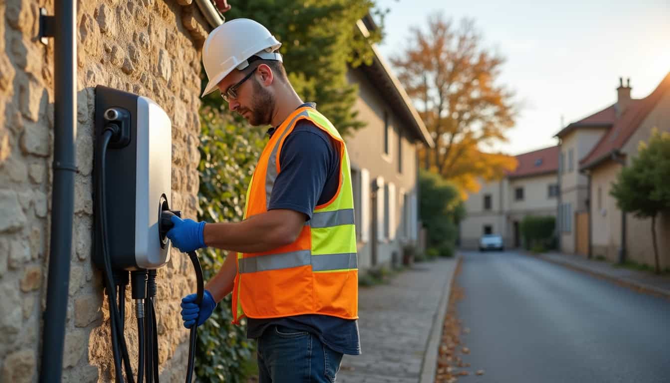 Technicien en train d'installer une borne électrique à Rochecorbon