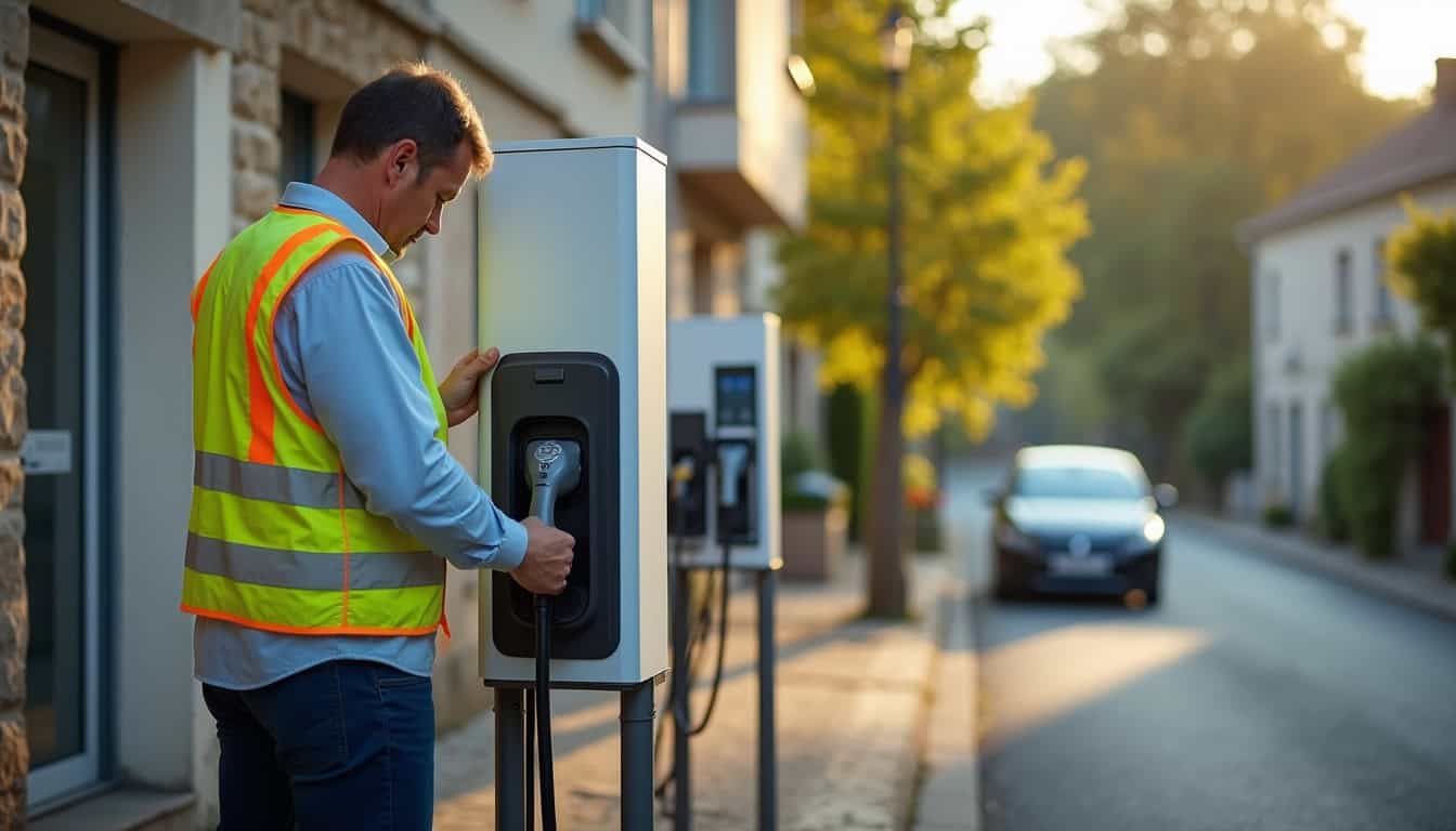 Technicien en train d'installer une borne électrique à Saclay