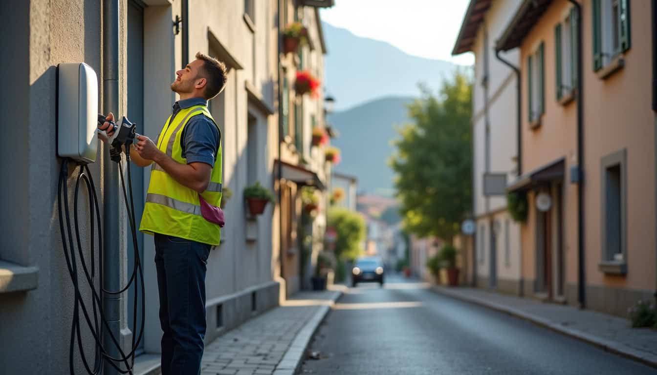 Technicien en train d'installer une borne électrique à Verniolle