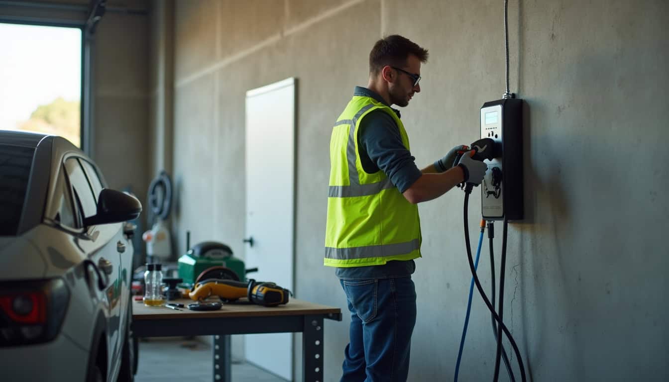 Technicien en train d'installer une borne électrique dans un garage à Fromelles