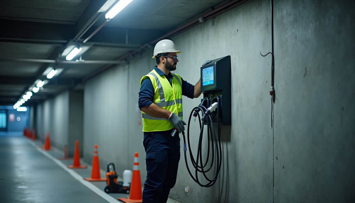 Technicien en train d'installer une borne électrique dans un parking de Nanterre