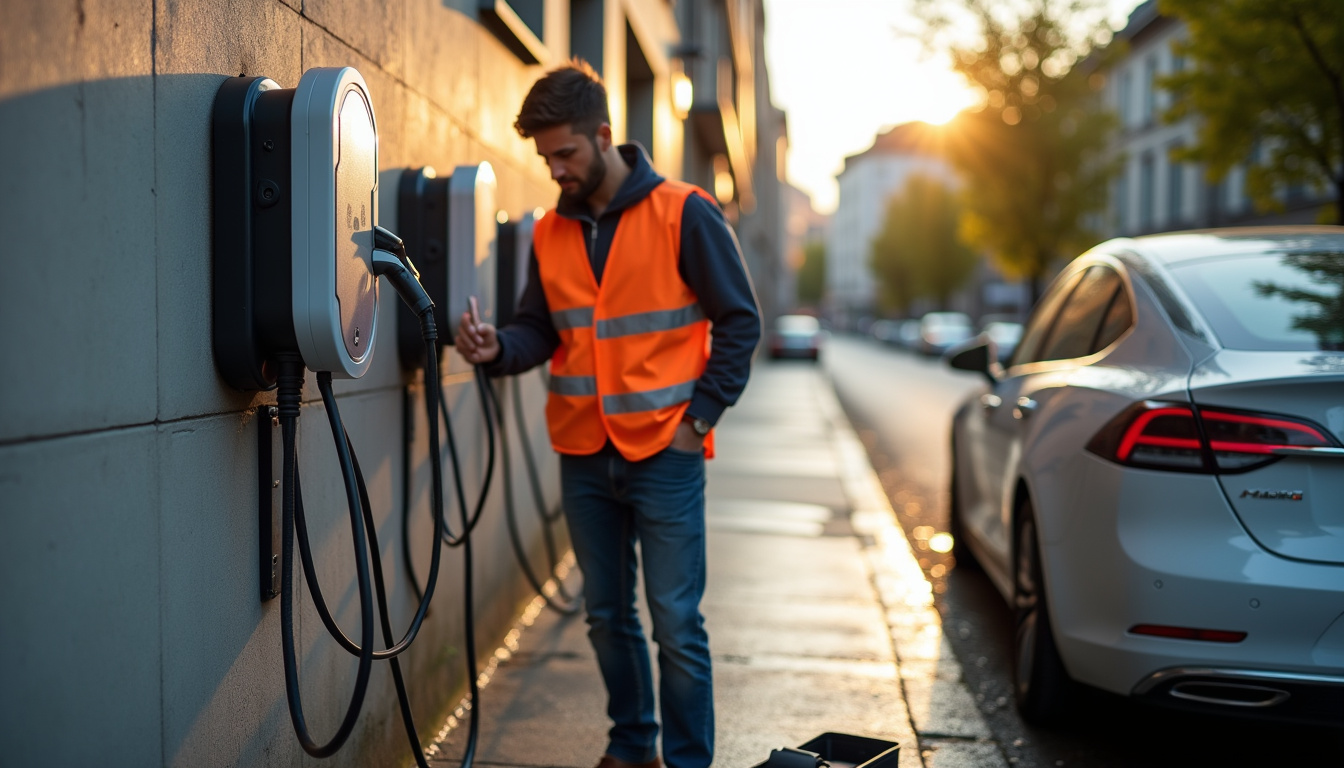Technicien en train d'installer une borne électrique dans une rue de Rivière