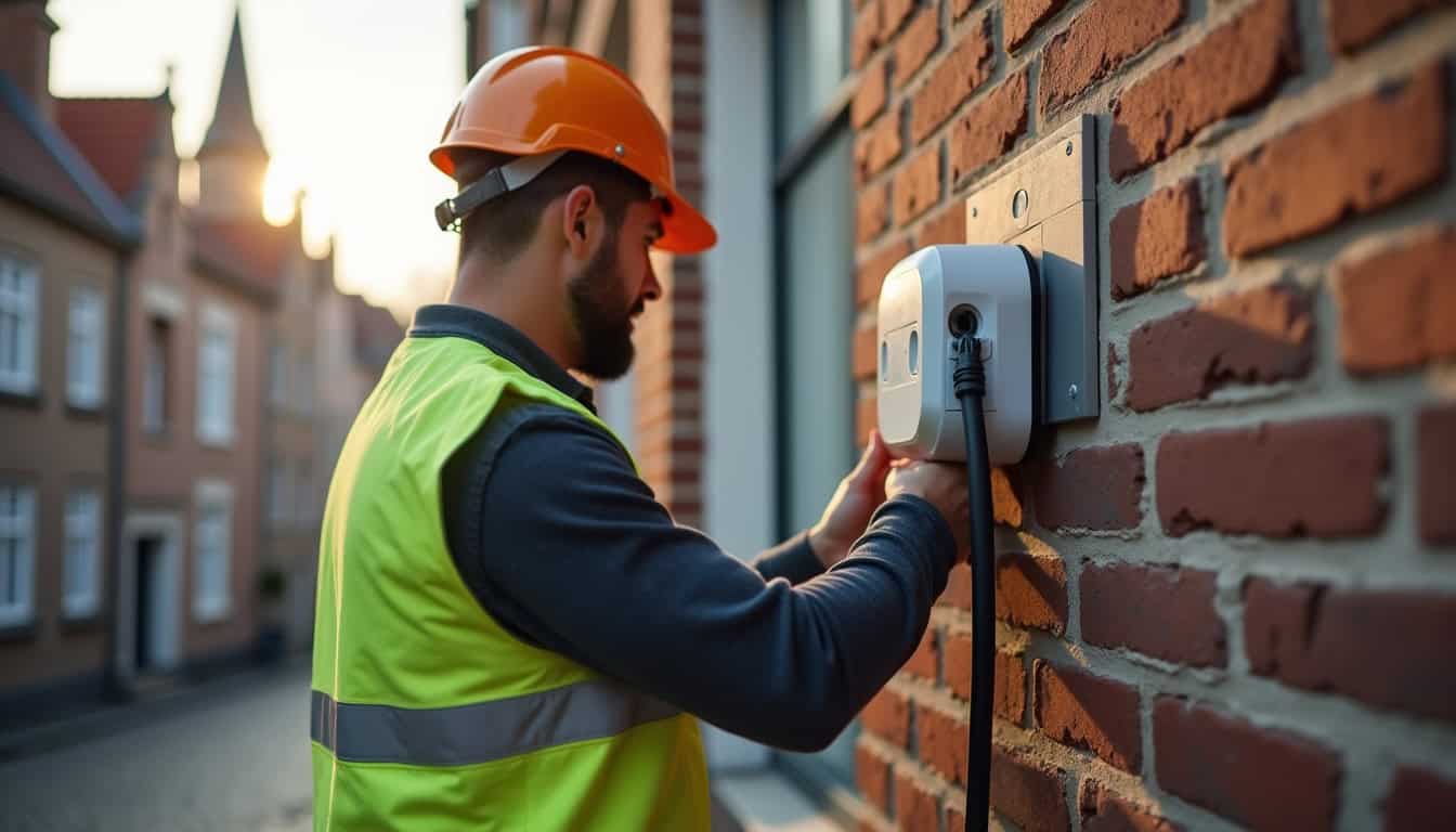 Technicien en train d'installer une borne électrique murale à Bruges