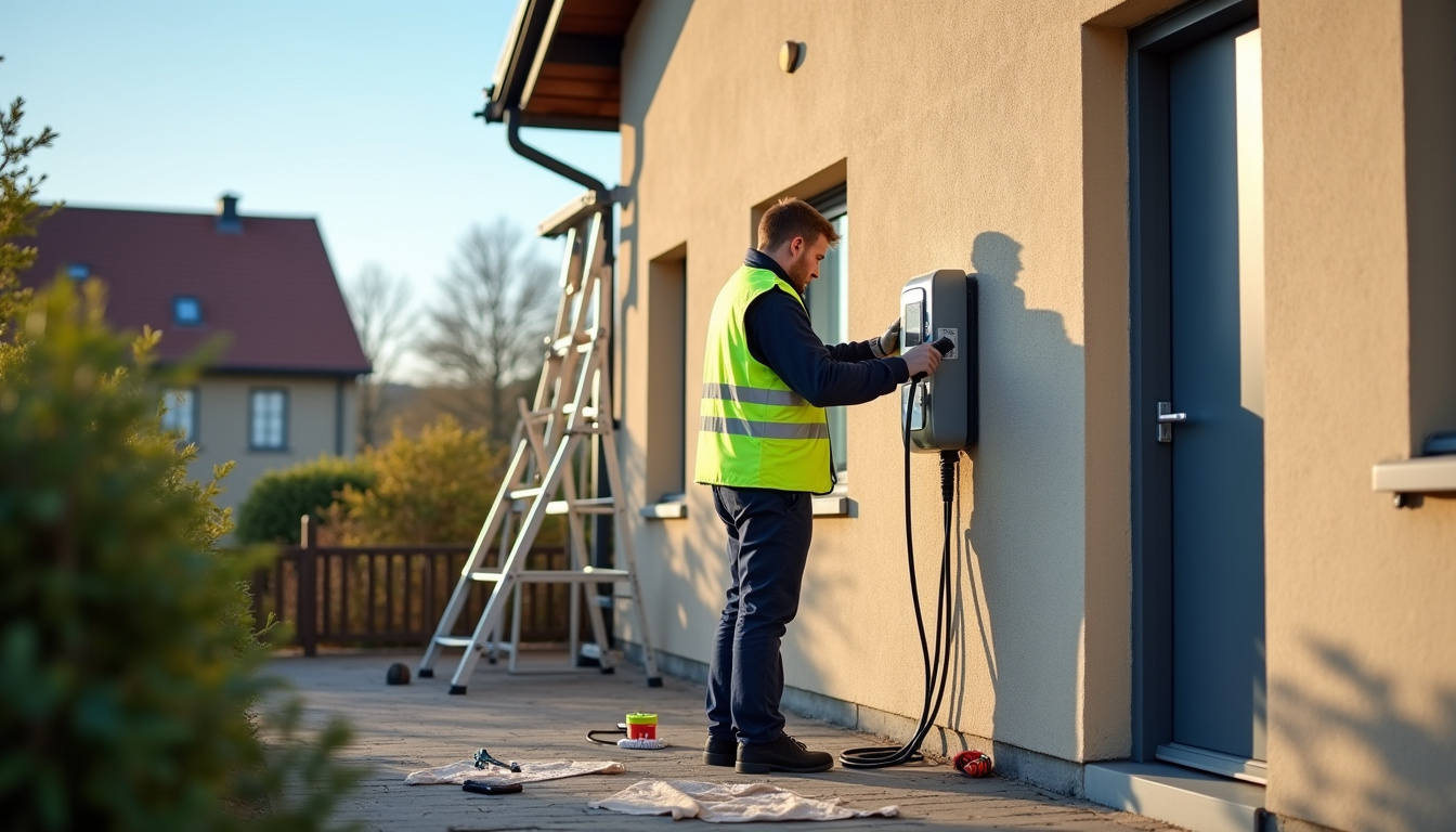 Technicien en train d'installer une borne électrique murale sur une façade à Walscheid