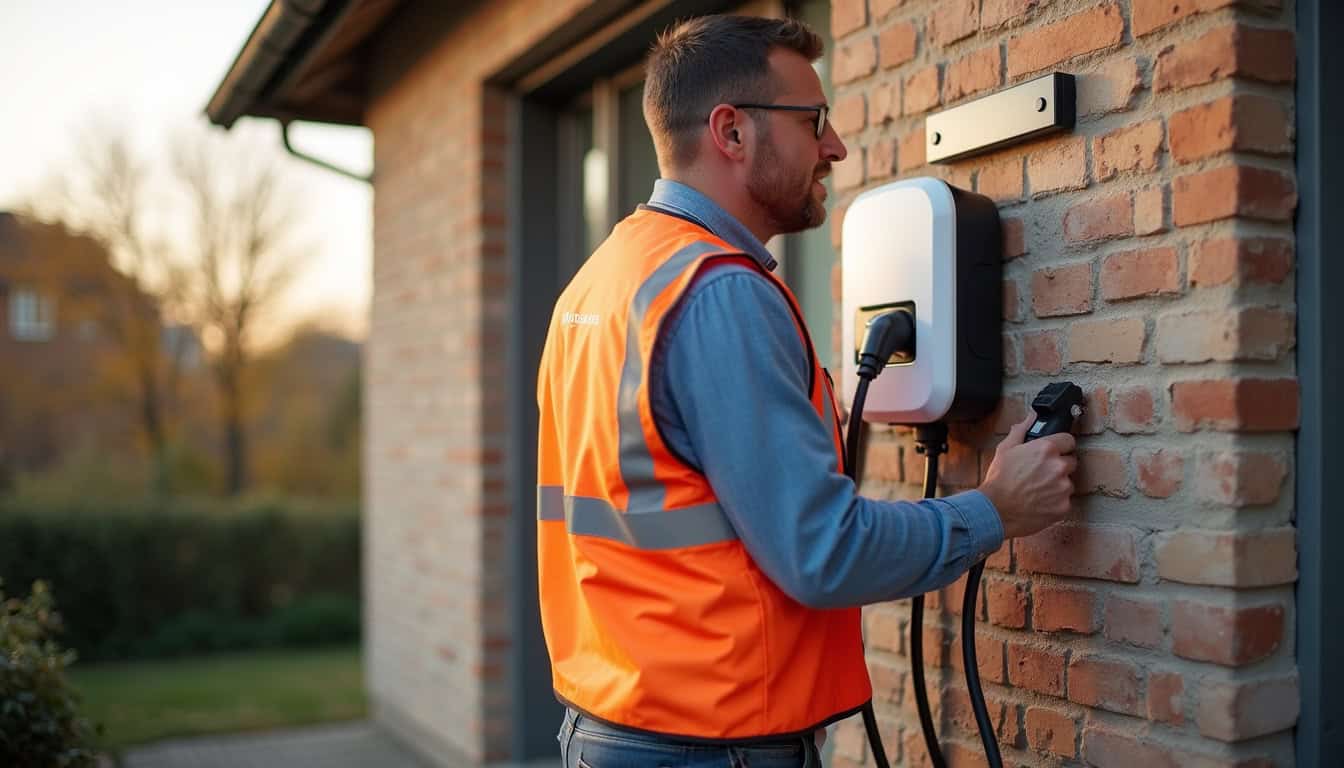 Technicien en train d'installer une borne électrique sur un mur extérieur à Pont-sur-sambre