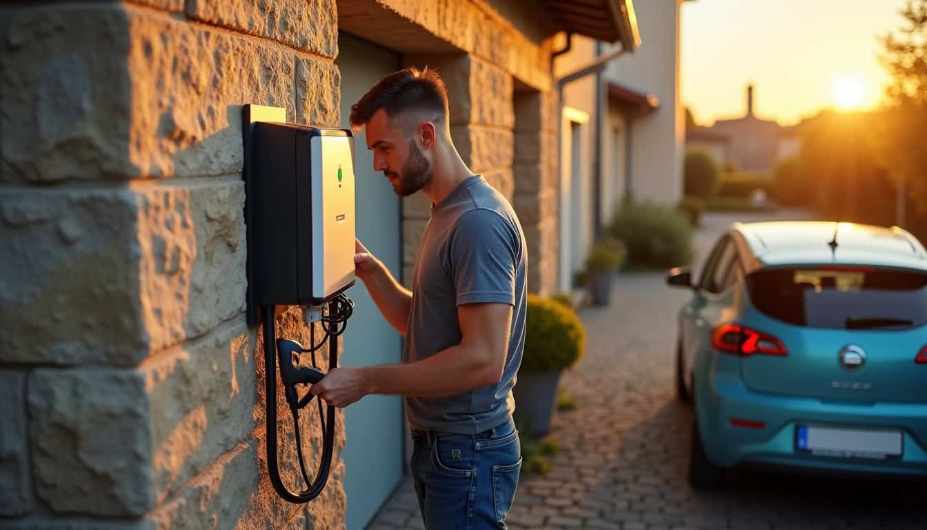 Technicien en train d’installer une wallbox à l’extérieur d’un garage