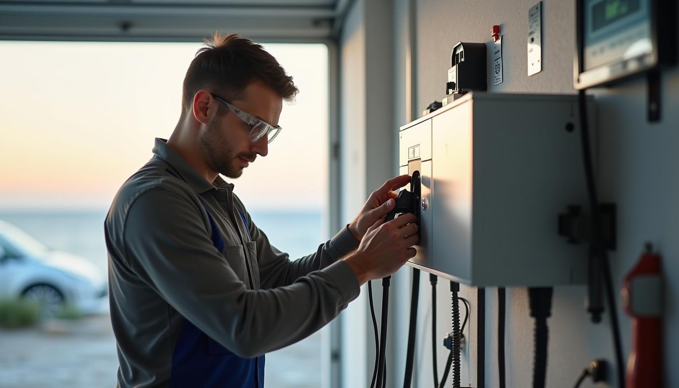 Technicien en train d’installer une wallbox dans un garage privé à Batz-sur-Mer, respectant les normes électriques