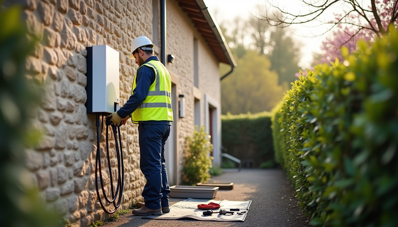 Technicien en train d’installer une wallbox sur un mur extérieur à Coulans-sur-Gée