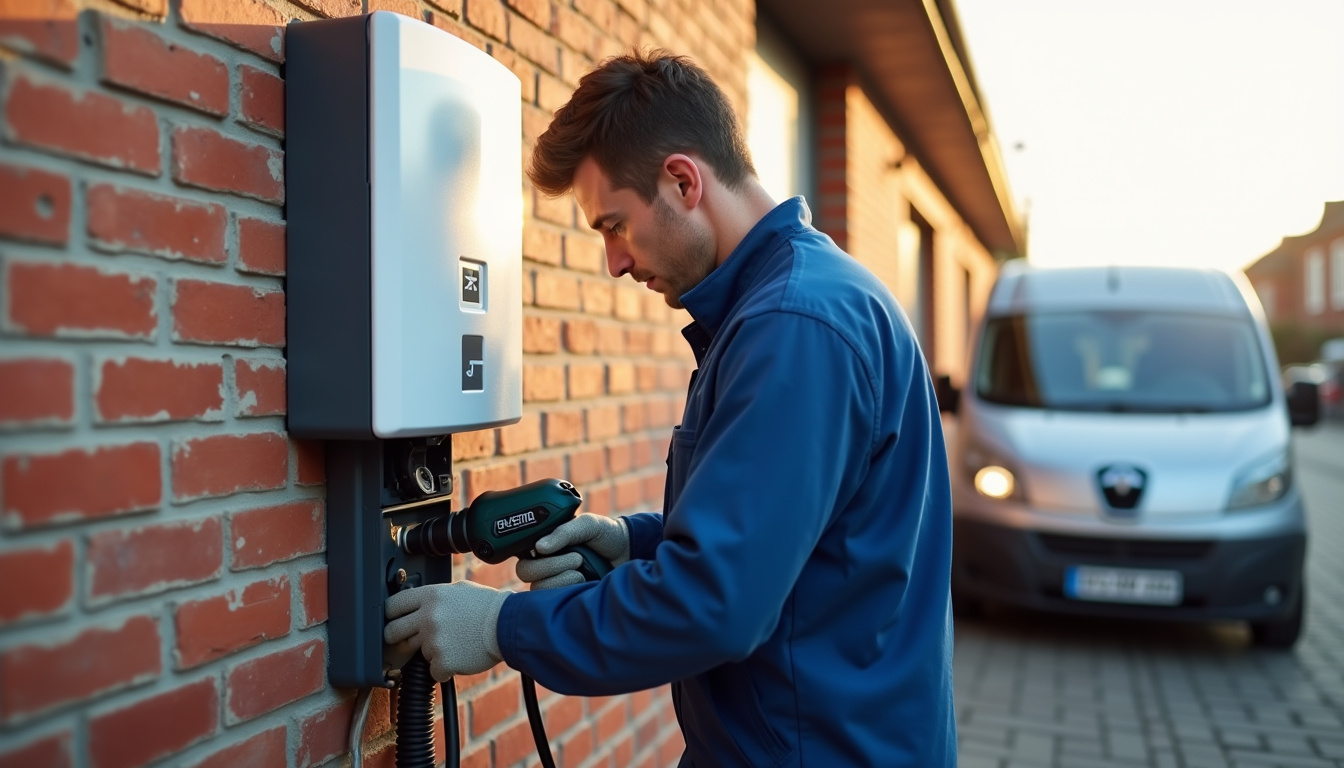 Technicien en uniforme en train d'installer une borne électrique à Gasny