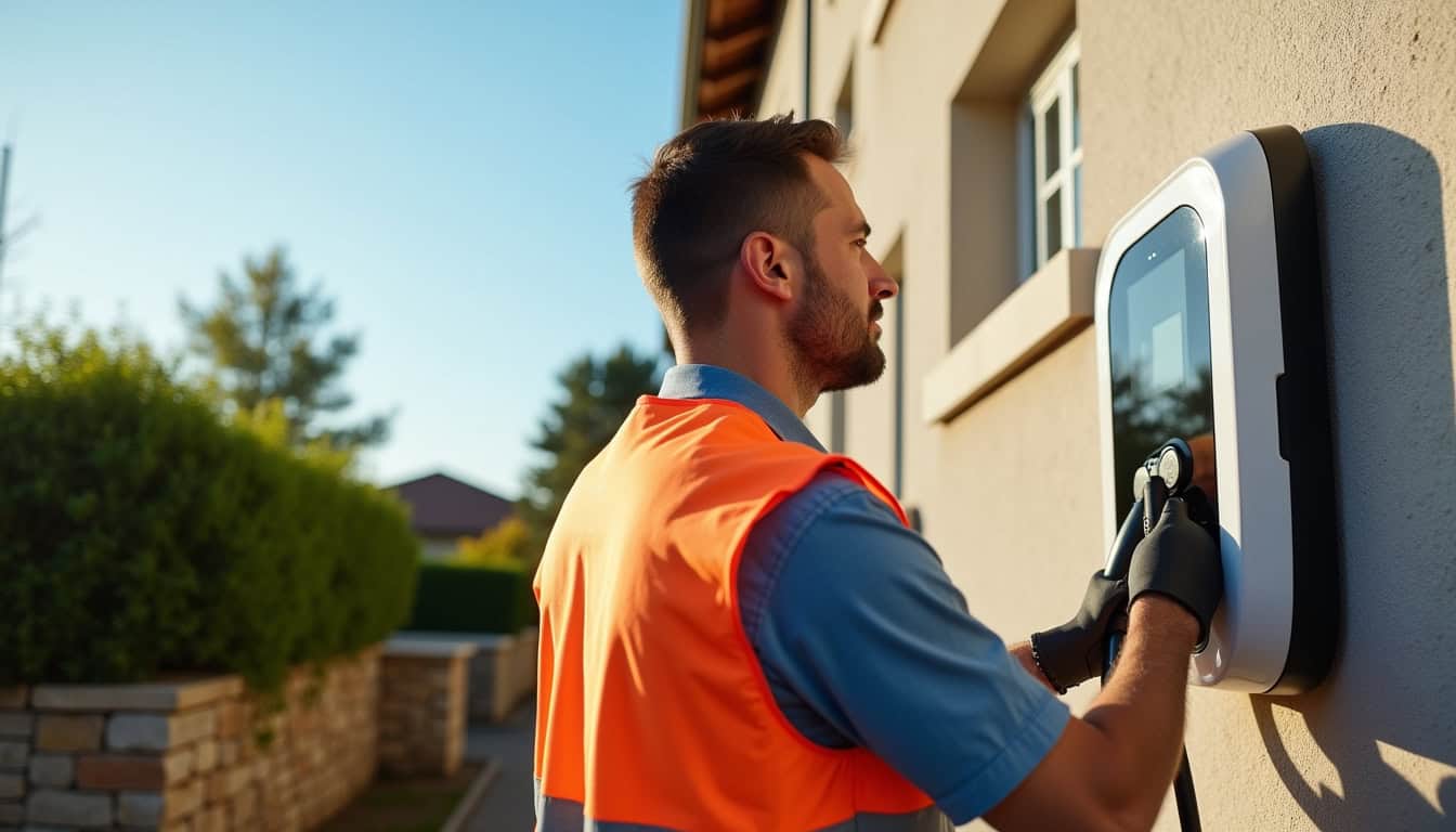 Technicien inspectant une borne de recharge murale à Pierre-Buffière