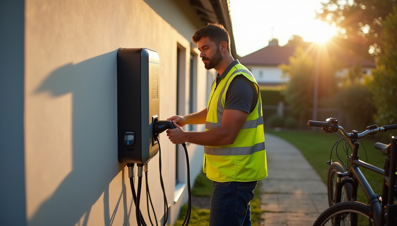 Technicien installant une borne de recharge électrique à domicile à Chazey-sur-Ain