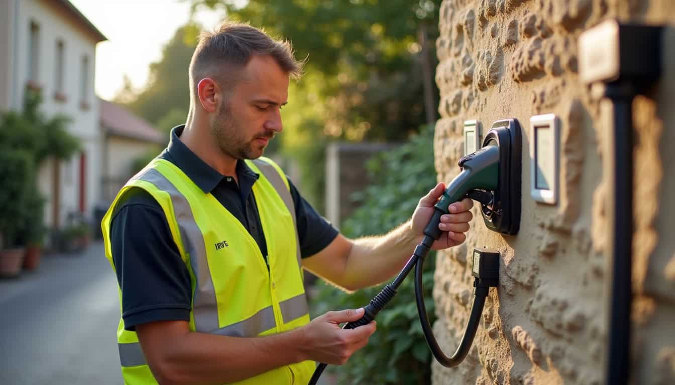 Technicien IRVE certifié en train d’installer une borne de recharge à Buironfosse