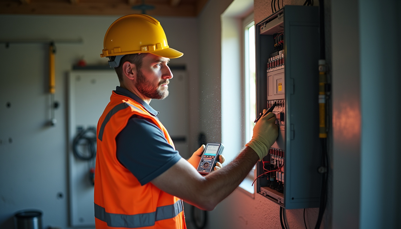 Technicien IRVE effectuant un diagnostic électrique avant installation d'une borne à Neufmoutiers-en-Brie