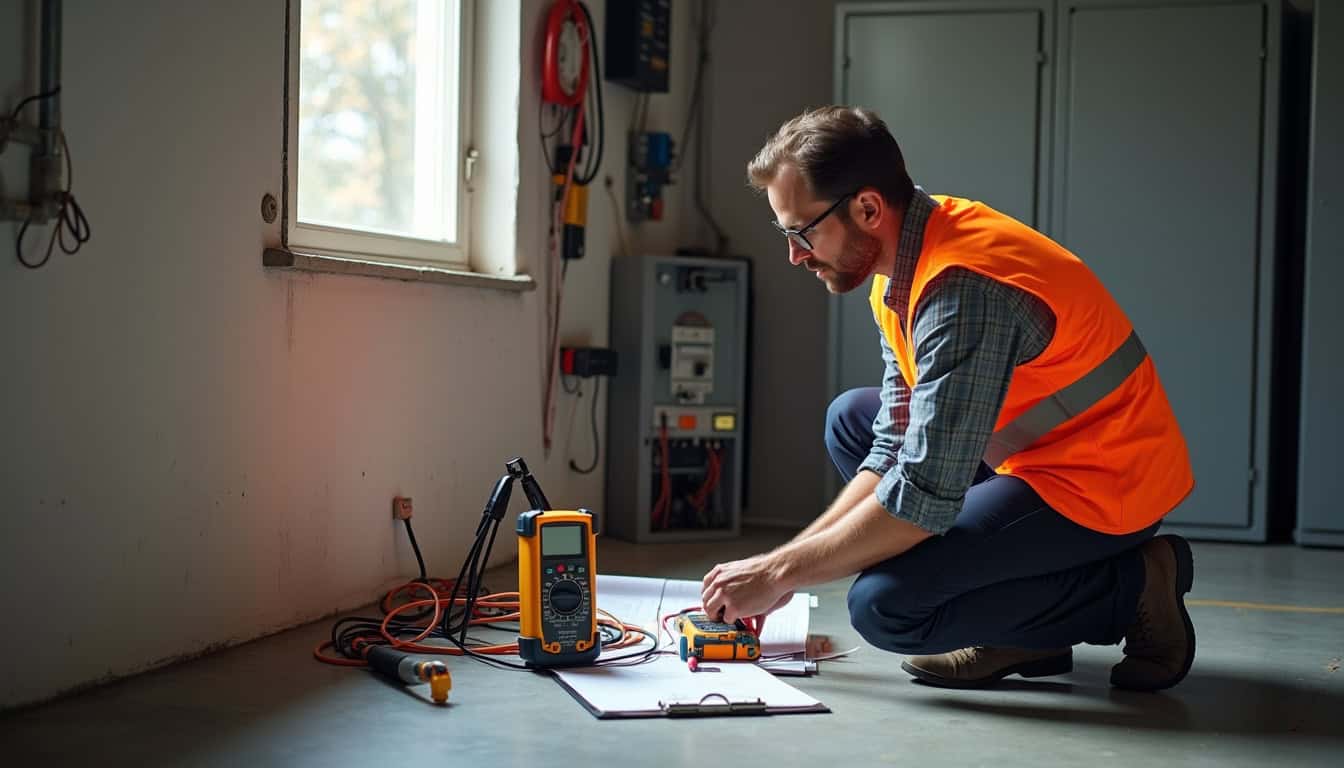 Technicien IRVE effectuant un diagnostic électrique avant installation d'une borne
