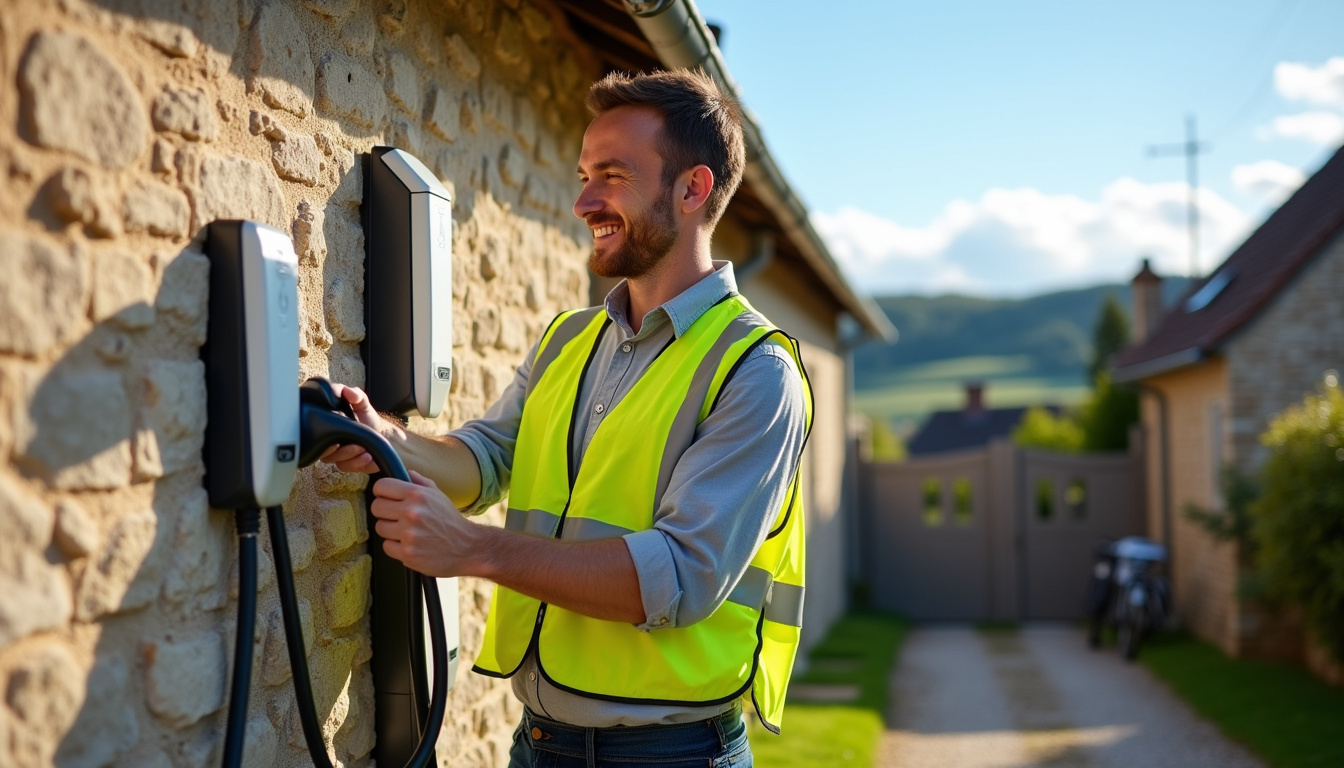 Technicien IRVE en intervention pour installer une borne de recharge à Tresbœuf