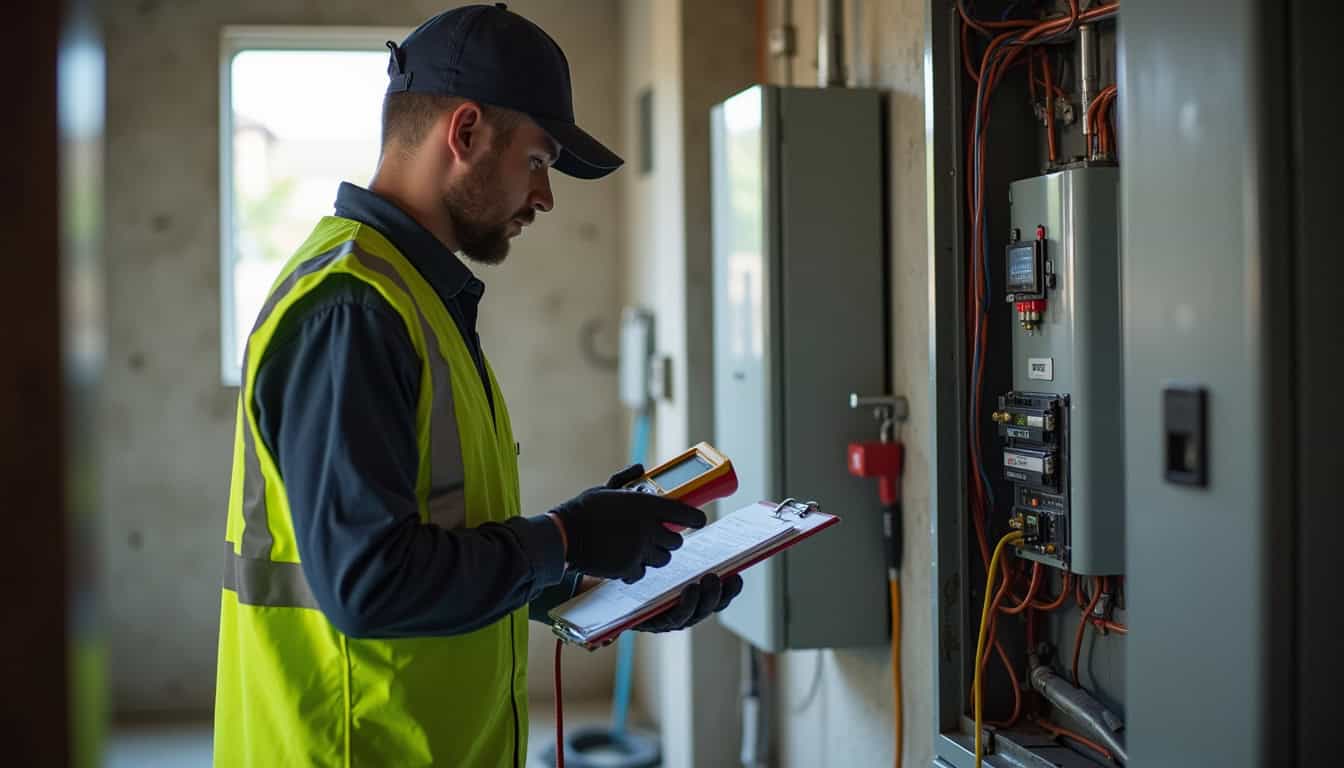 Technicien IRVE en train d'analyser un tableau électrique lors d'un audit préalable à l'installation d'une borne