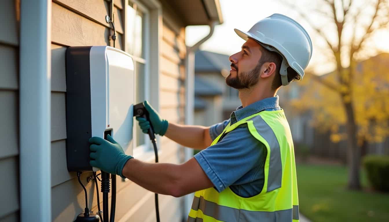 Technicien IRVE en train de poser une borne de recharge murale à domicile