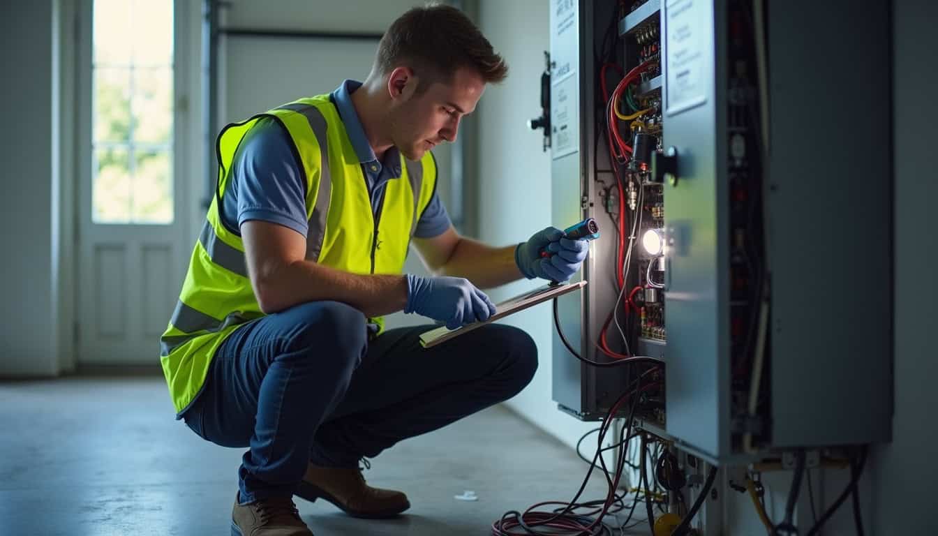 Technicien IRVE en train de réaliser un diagnostic électrique pour l'installation d'une borne de recharge à Janneyrias