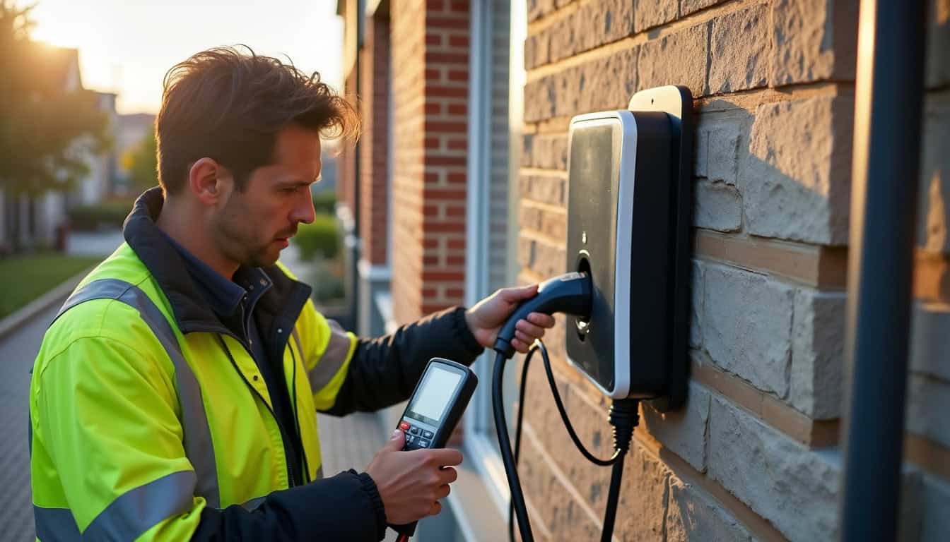 Technicien IRVE en train de tester la connexion d'une borne électrique murale à Vayres