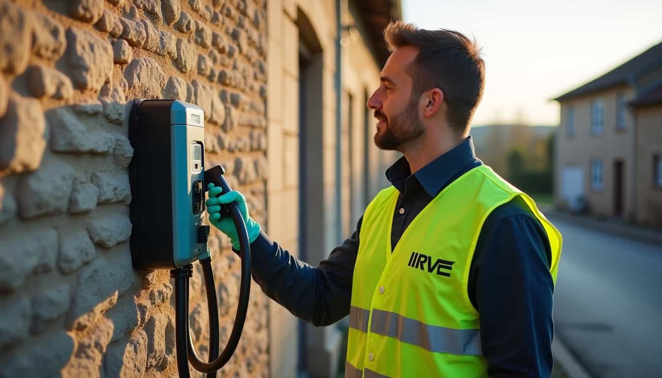 Technicien IRVE en train de vérifier une borne de recharge à Montierchaume