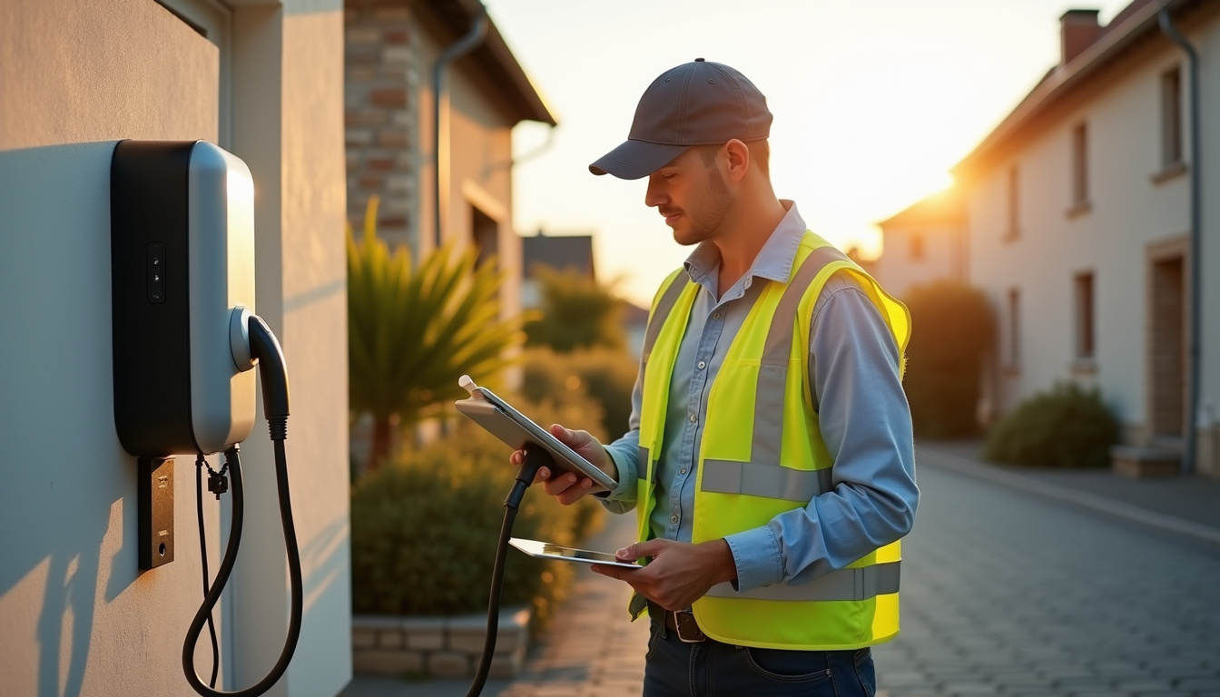 Technicien IRVE en train de vérifier une borne de recharge électrique installée