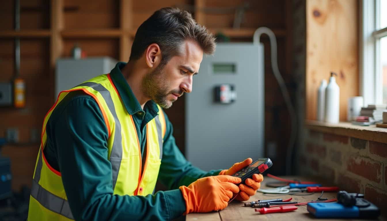 Technicien IRVE en train d'effectuer un audit électrique avant installation d'une borne à Saint-Gaudens