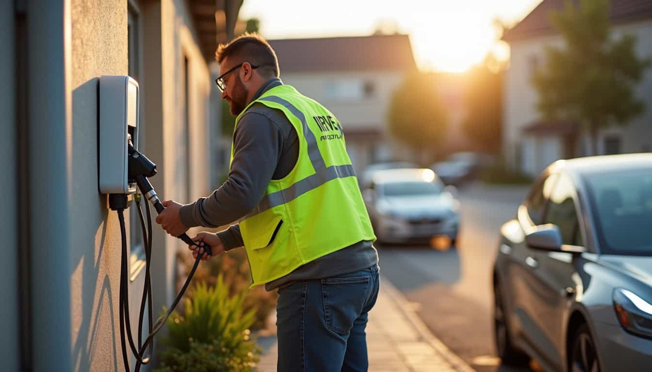 Technicien IRVE en train d'installer une borne de recharge à Cormicy