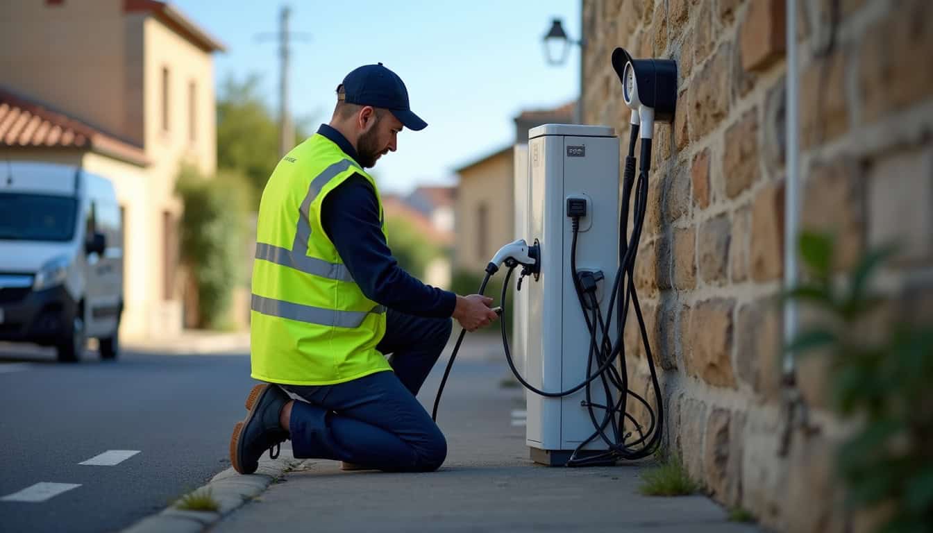 Technicien IRVE en train d'installer une borne de recharge à Remoulins