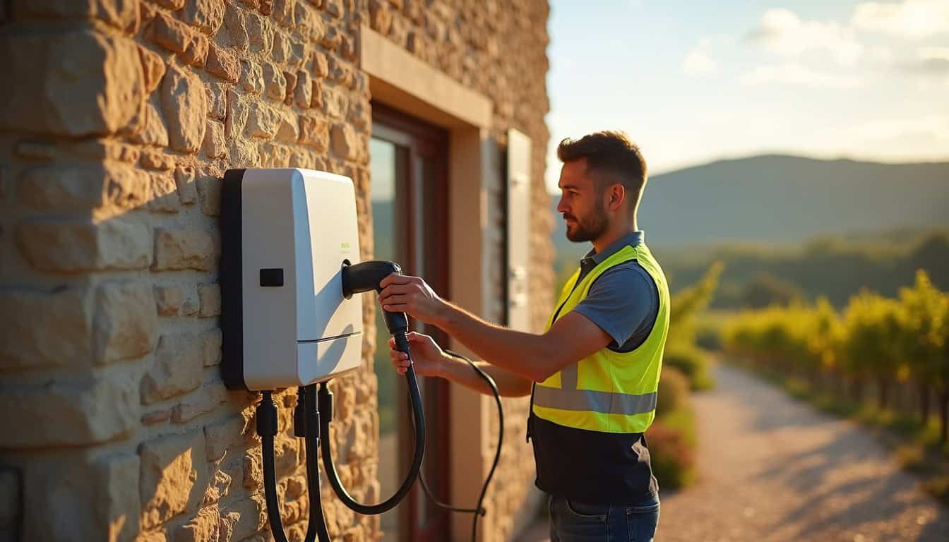 Technicien IRVE en train d'installer une borne de recharge à Saint-Paul-et-Valmalle
