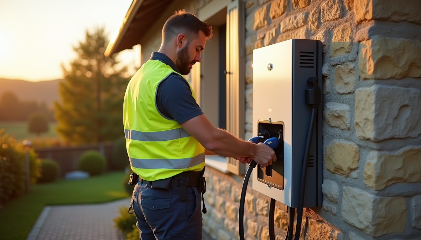 Technicien IRVE en train d’installer une borne de recharge à Vielmur-sur-Agout