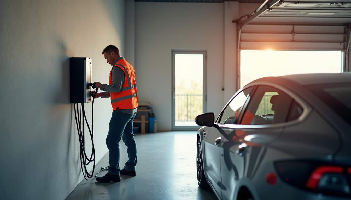 Technicien IRVE en train d'installer une borne de recharge dans un garage à Freneuse