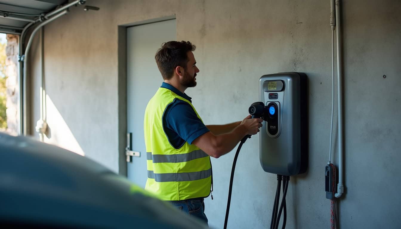 Technicien IRVE en train d'installer une borne de recharge dans un garage à Gières