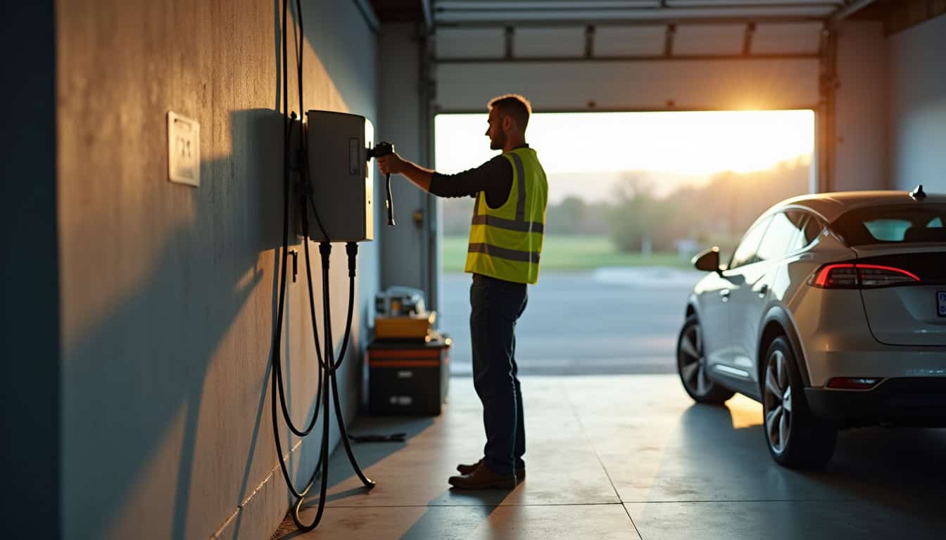Technicien IRVE en train d'installer une borne de recharge dans un garage à Rivière-Salée