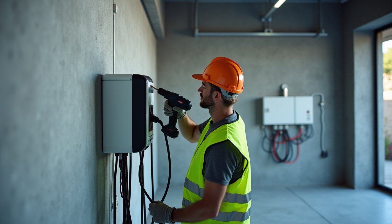 Technicien IRVE en train d'installer une borne de recharge dans un garage à Simandre