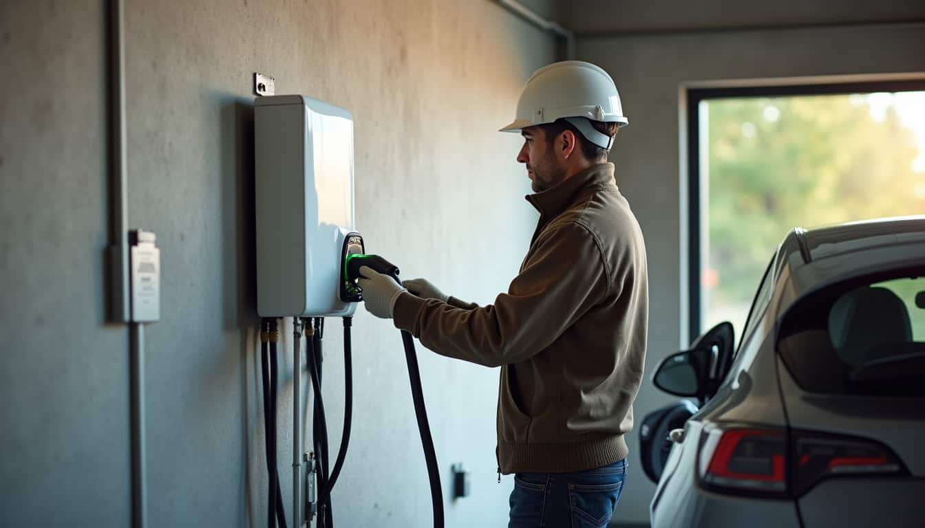 Technicien IRVE en train d'installer une borne de recharge dans un garage à Soudan