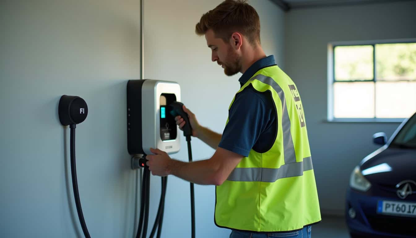 Technicien IRVE en train d'installer une borne de recharge dans un garage à Tréméven