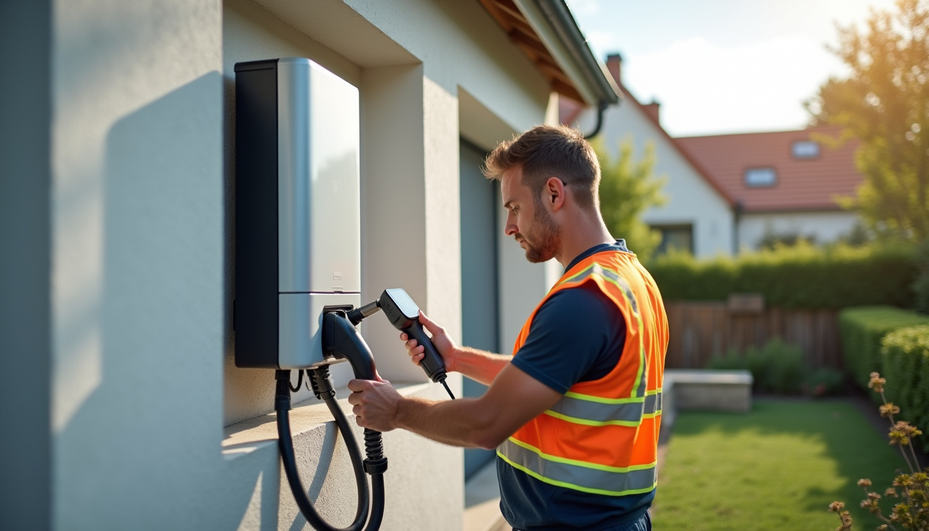 Technicien IRVE en train d'installer une borne de recharge dans une maison à Hermonville