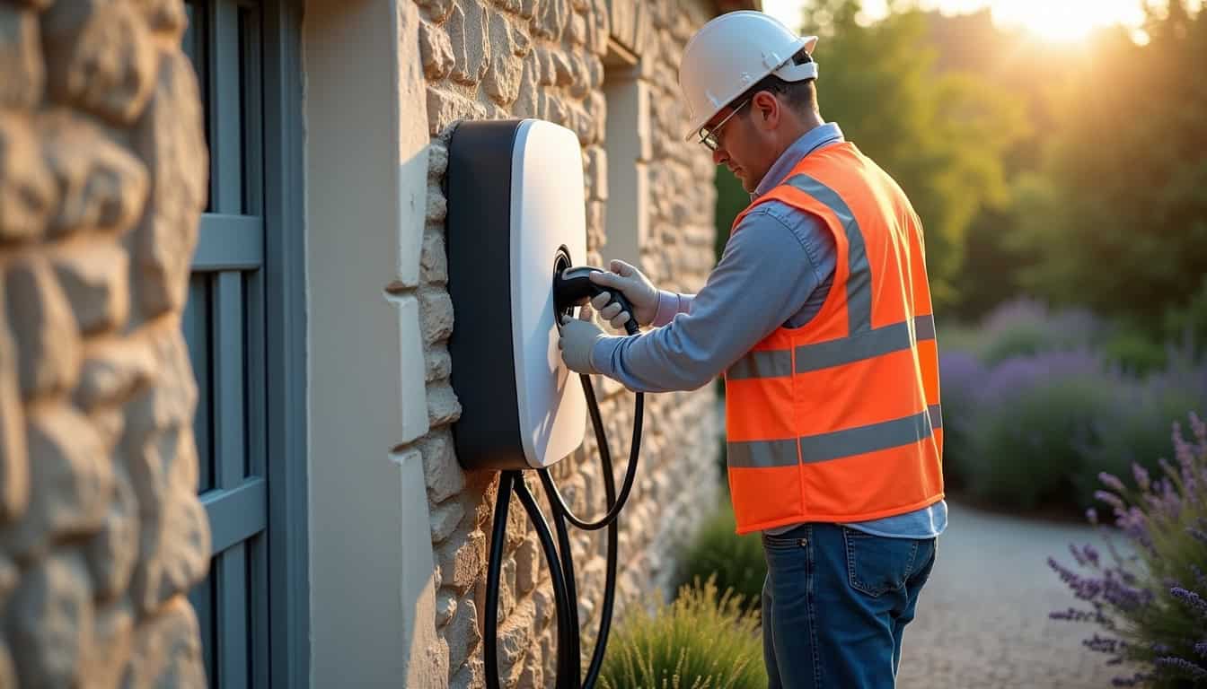 Technicien IRVE en train d'installer une borne de recharge électrique à Ayron