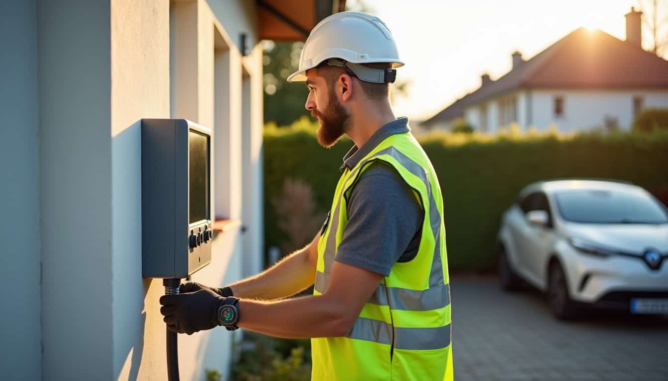 Technicien IRVE en train d'installer une borne de recharge électrique à domicile