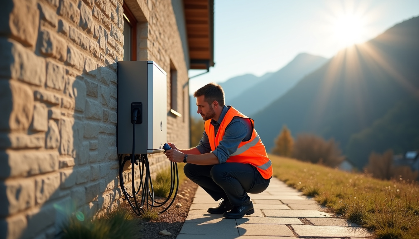 Technicien IRVE en train d'installer une borne de recharge électrique à Jarcieu