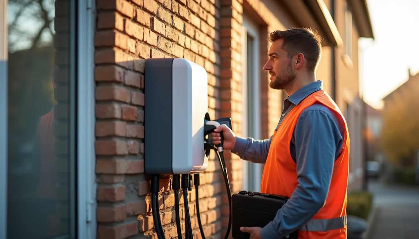 Technicien IRVE en train d'installer une borne de recharge électrique à Le Haillan