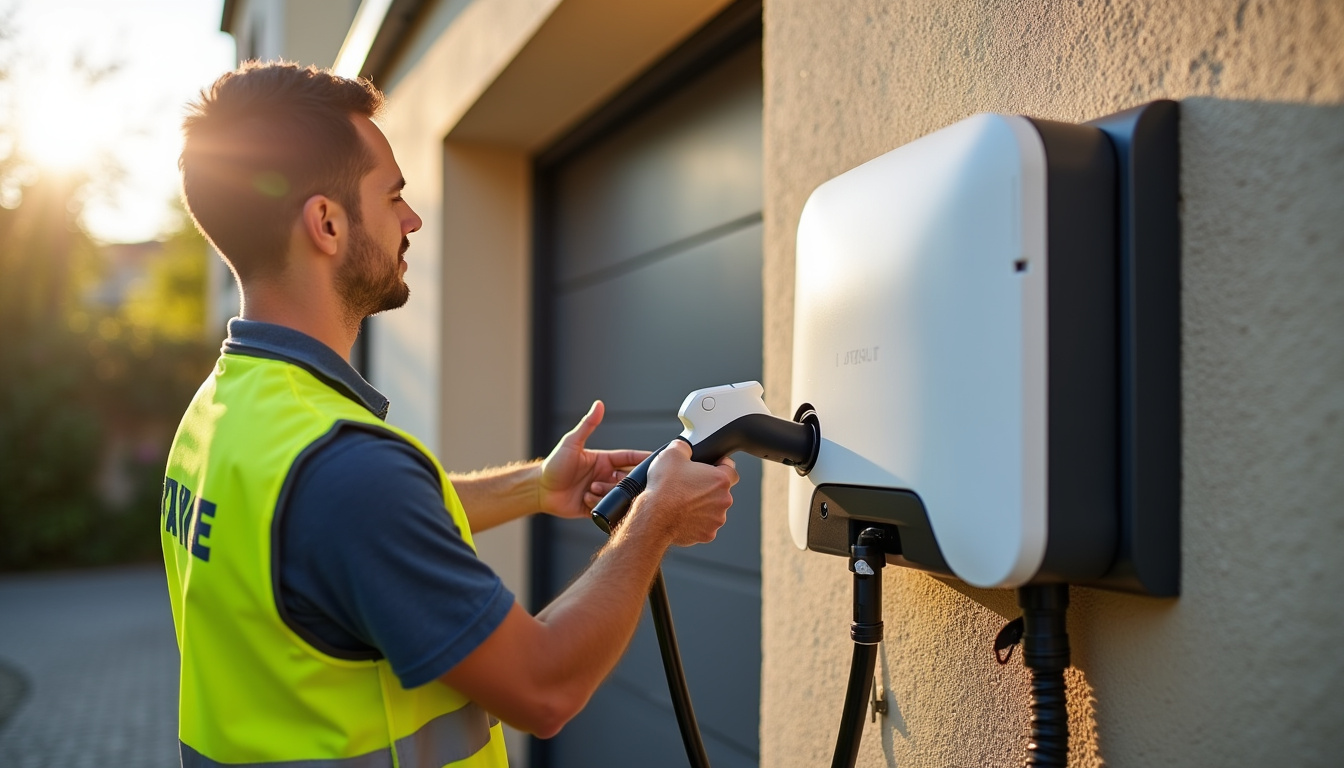 Technicien IRVE en train d'installer une borne de recharge électrique à Marboz