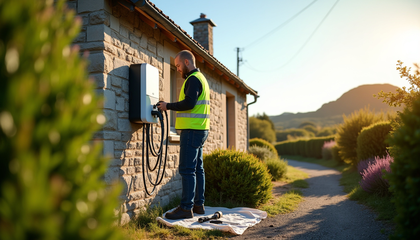 Technicien IRVE en train d'installer une borne de recharge électrique à Plounéour-Ménez