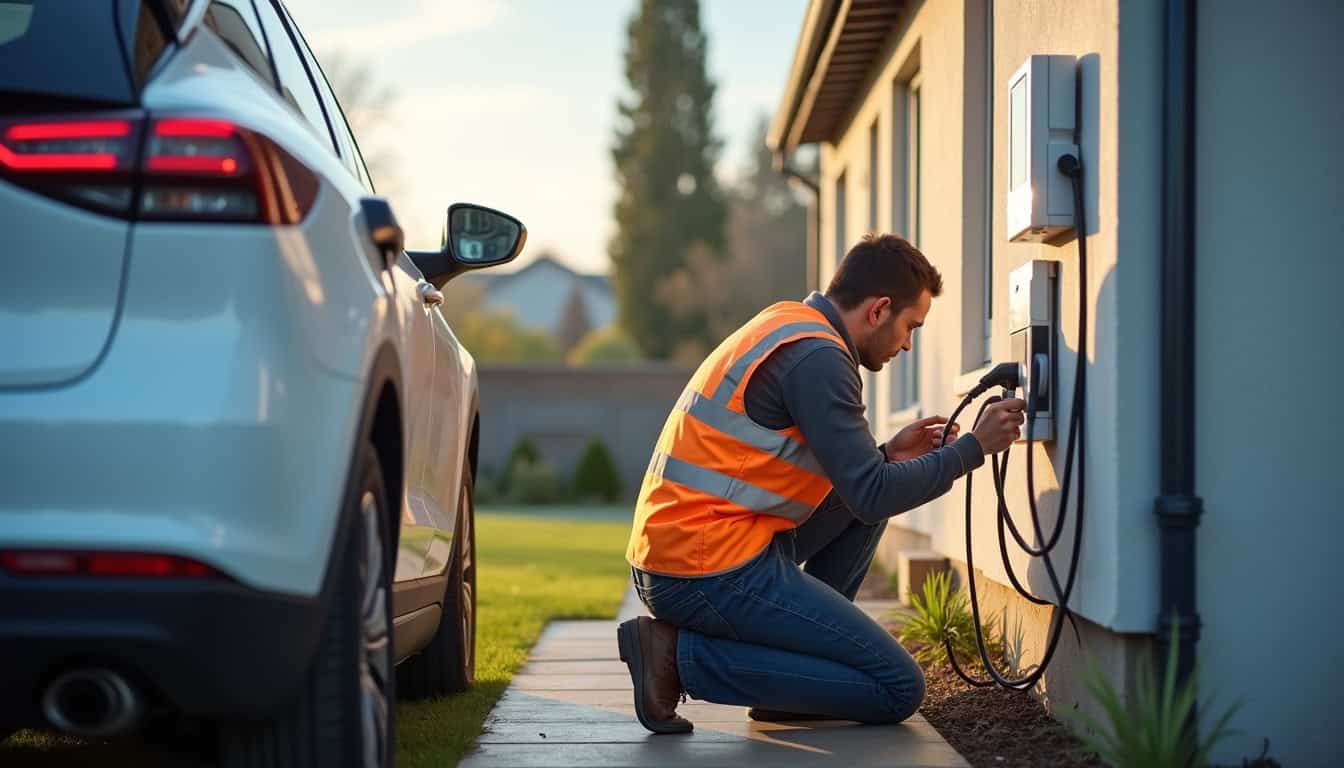 Technicien IRVE en train d’installer une borne de recharge électrique chez un particulier
